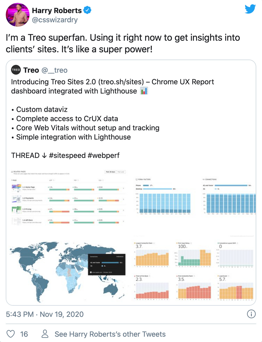 Tweet about Treo by Harry Roberts (@csswizardry)